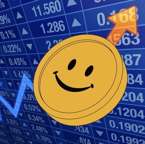 A stock market graphic featuring a yellow smiley face coin centered against a blue background filled with percentage figures and an orange upward arrow indicating rising values.