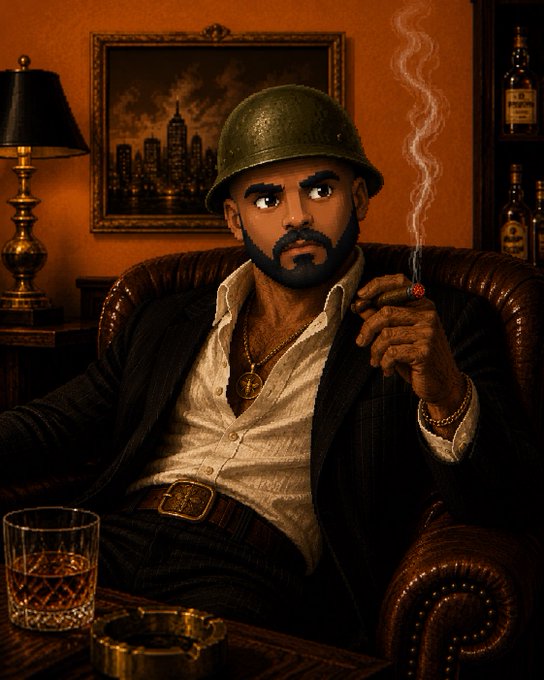 A stylized 3D illustration of a bearded man wearing a green military helmet and a dark suit, sitting in a leather chair and smoking a cigar. He wears a gold cross necklace, and a glass of whiskey sits on the table next to him against a warm, orange-lit background.
