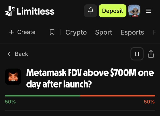 A screenshot from the Limitless prediction market platform showing a binary market titled 'Metamask FDV above $700M one day after launch?' with a 50/50 odds indicator.