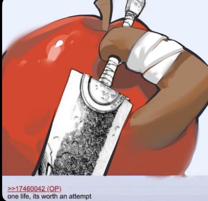 An illustration shows a hand holding a sword that is being used to cut into a red apple, with the text '>>17460042 (OP) one life, its worth an attempt' below.