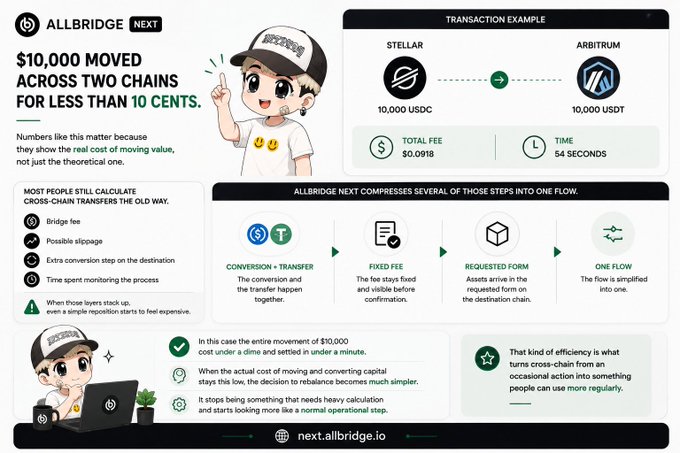 An Allbridge NEXT infographic showing $10,000 moved across two chains (Stellar USDC to Arbitrum USDT) for less than 10 cents, with a total fee of $0.0918 and 54 seconds completion time.