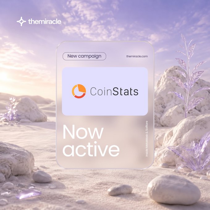 A digital advertisement displays the 'CoinStats' brand on a translucent sign 'Now active' with 'themiracle' branding, set against a pastel desert landscape with purple plants.