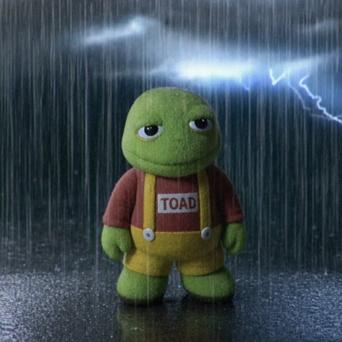 A 3D render of a small plush frog toy wearing a red shirt that says 'TOAD' and yellow overalls, standing sadly in a rainy environment with lightning.