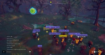 A screenshot from a multiplayer video game shows numerous player characters with usernames like "Corporation" and "ViktorPedrss" engaged in a chaotic battle in a dark, forested environment with fires and a chat window visible.