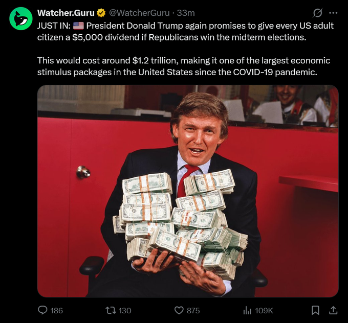 A Watcher.Gurkey tweet featuring a yellow-headed AI-generated photo of him holding bundles of money, discussing a rumored $5,000 dividend promise for adults if they win.