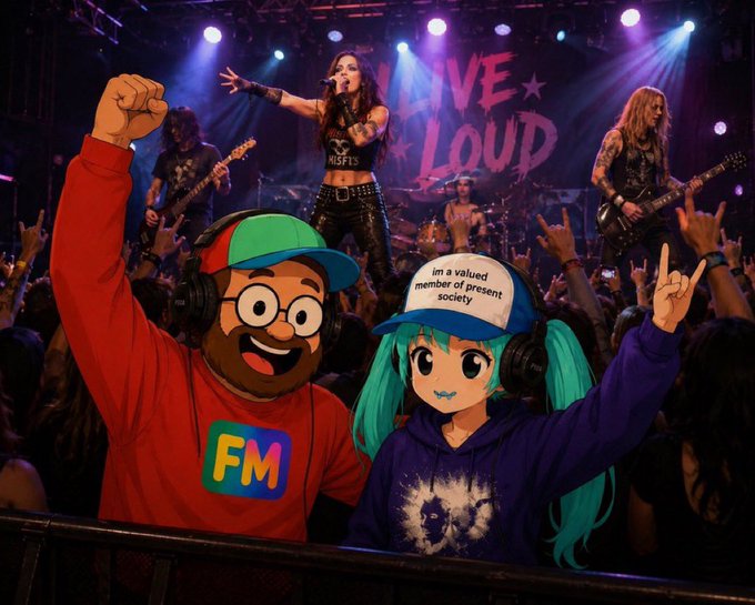 An illustrated scene of a concert where a rock band performs under a 'LIVE LOUD' banner; in the foreground, a cartoon man in an 'FM' hoodie and a Hatsune Miku-style anime character wearing a 'I'm a valued member of present society' hat pose with the crowd.