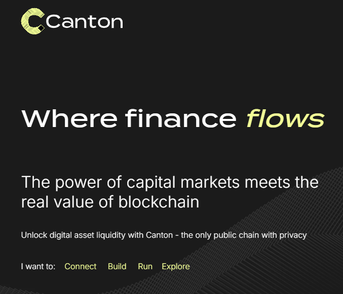 A Canton Network promotional image with the tagline 'Where finance flows' and text about 'The power of capital markets meets the real value of blockchain.'
