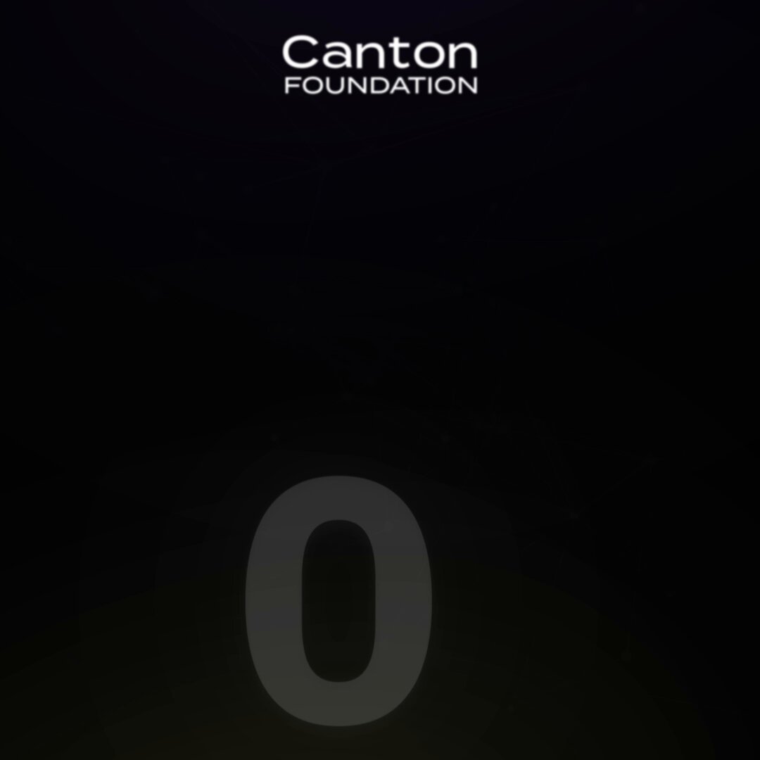 The image shows a black background with the word "Canton" written in white letters at the top, followed by the phrase "Foundation". Below this, there are numbers 0-9 arranged vertically. The text also mentions that the validator network has grown to hundreds of nodes and is managed through a structured onboarding process, which includes capacity management and accountability measures. Additionally, it highlights the presence of dozens of Super Validators in the network.