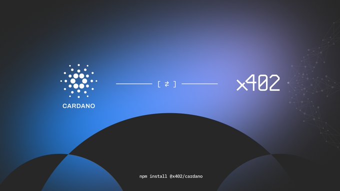 A blue digital graphic displays the Cardano logo alongside the '@402' branding and the text 'npm install @402/cardano' at the bottom.