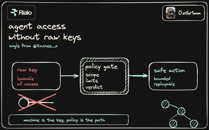 Rialo infographic titled 'agent access without raw keys' illustrating a flow from a crossed-out 'raw key' through a 'policy gate' (scope, limits, verdict) to a 'safe action' node graph, captioned 'machine is the key, policy is the path'.