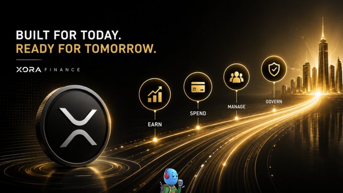 A promotional graphic for Xora Finance displays the Xora coin beside a glowing skyline with the tagline "BUILT FOR TODAY. READY FOR TOMORROW." and a progression of icons labeled EARN, SPEND, MANAGE, and GOVERN, visually reinforcing the post's message that the future of crypto lies in utility-based functionality rather than simple token holding.