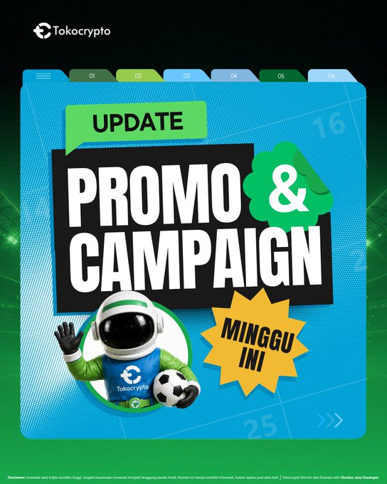 The image features an advertisement for a campaign promoting a promotional offer, likely related to cryptocurrency or gaming. The poster includes a cartoon character wearing a blue shirt with the word "MINGGU" written below them. The poster also displays text that reads "UPDATE PROMO & CAMPAIGN TOKOCRYPTO MINGGU INI! Mulai dari campaign nakukurata kami keuntungan ekslusif dari partner Tokocrypto siap menemani aktivitas trading dan transaksi kamu minggu ini". The poster is displayed against a blue background, and the text "MINGGU" is written in yellow.