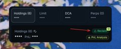 A cropped screenshot of a trading interface showing tabs for Holdings, Limit, DCA, and Perps, with a red arrow pointing to the Perps Analysis option.