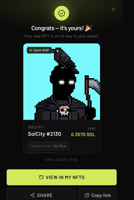 A screenshot of a digital wallet confirmation page saying 'Congrats — it's yours! 🎉' for a purchased NFT titled 'SolCity #2130' with 'Rank #581' and a price of '0.3570 SOL'.
