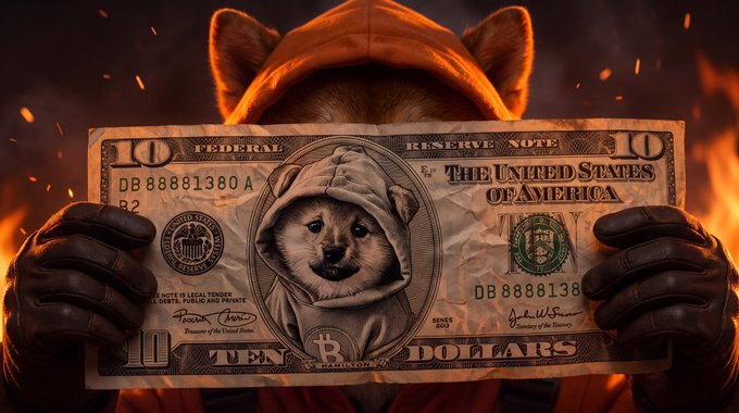 A digital artwork of a Shiba Inu dog wearing a hoodie, holding a $10 bill with its own face on it, surrounded by flames and embers.