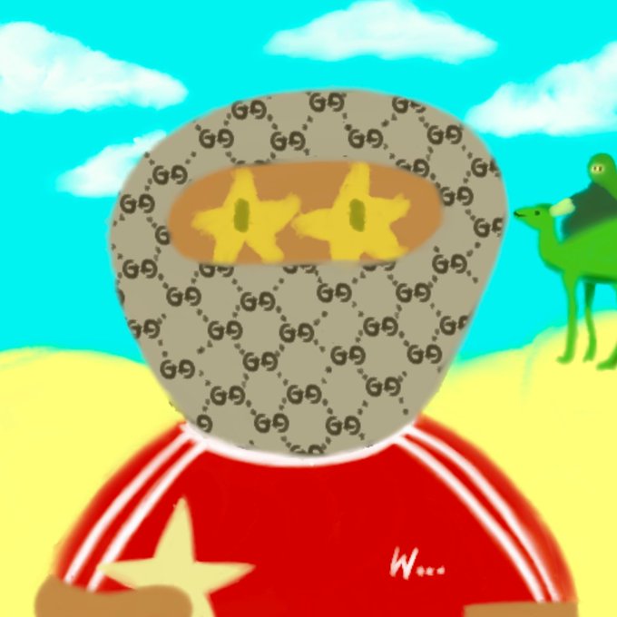 A cartoonish figure wearing a Gucci-patterned balaclava and star-shaped sunglasses, dressed in a red Adidas-style shirt, holding a star, with a desert scene and camel rider in the background.