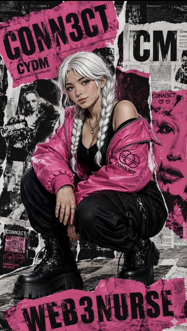 The image features a woman with blonde hair wearing a pink jacket, sitting down and posing for the camera. She has her legs crossed and appears to be smiling. The background of the image includes various text elements such as "Connect", "CydM", "Web3Nurse", and "Happy Friday". These words are likely related to the content or theme of the post.