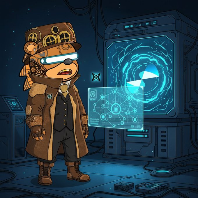 A digital illustration of a steampunk-style beaver character wearing a top hat with gears and a glowing visor, standing in a sci-fi room next to a holographic blue screen displaying data and a pie chart.