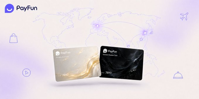 A PayFun advertisement displaying a gold and black Genesis Obsidian Card with a world map and travel-related icons in the background.