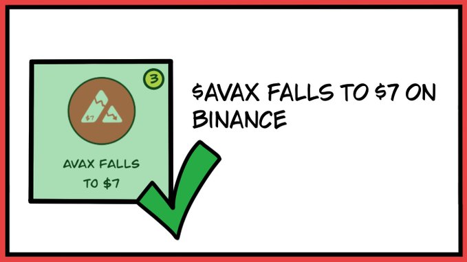The image features a green postcard with some text that reads "AVAX Falls to $7 on BINANCE". The background of the image is white, making it stand out against any other colors or patterns.