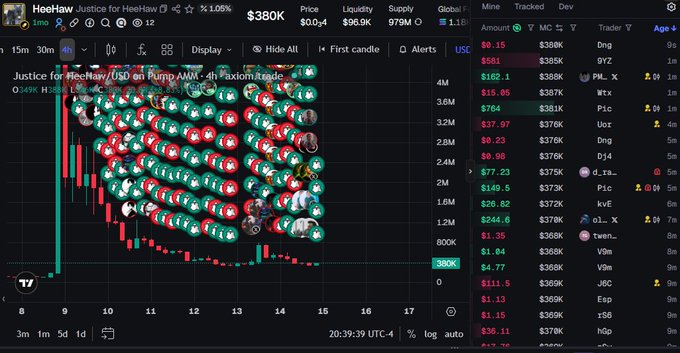 Screenshot of a cryptocurrency trading interface for the token 'HeoHaw' showing a 4-hour candle chart on Pump AMM, with a price of $380K, market cap of $979K, and the order book displaying various bids and asks.