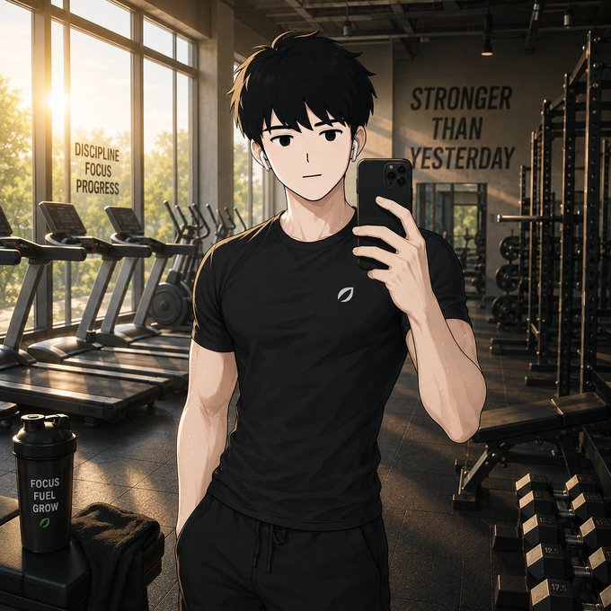 An anime-style illustration of a young man taking a selfie in a gym, with motivational text on the walls reading 'DISCIPLINE FOCUS PROGRESS' and 'STRONGER THAN YESTERDAY'.