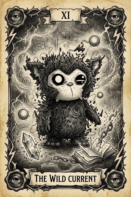 A stylized tarot card labeled "XI" at the top and "THE WILD CURRENT" at the bottom, featuring a wide-eyed, furry creature surrounded by lightning, eyes, crystals, and an open book with a broken chain — visually echoing the chaotic, high-energy sentiment of a "generational run" for meme coins.