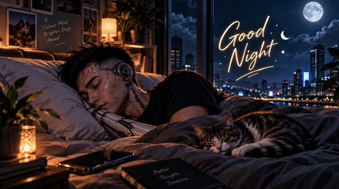 A digital illustration of a cyborg sleeping in bed with a tabby cat, featuring 'Good Night' text over a nighttime city skyline with a full moon.