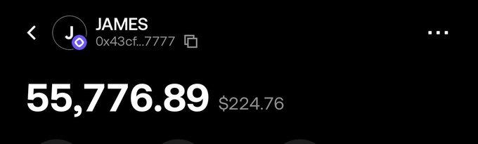 A dark digital wallet interface displays the account name "JAMES" with the address "0x43cf...7777," showing a balance of "55,776.89" and a value of "$224.76."