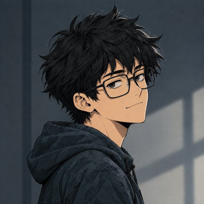 An anime-style illustration of a young man with messy black hair and glasses, looking over his shoulder.