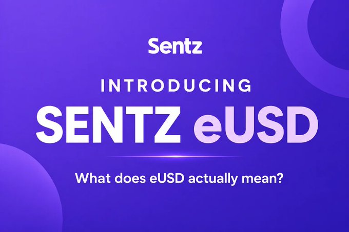 A purple promotional graphic with the text 'Sentz INTRODUCING SENTZ eUSD' and the question 'What does eUSD actually mean?'.