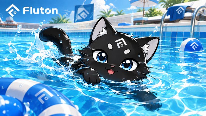 Promotional art for Fluton shows an anime-style black cat with blue eyes swimming in a pool, surrounded by floating blue and white Fluton logo pool toys.