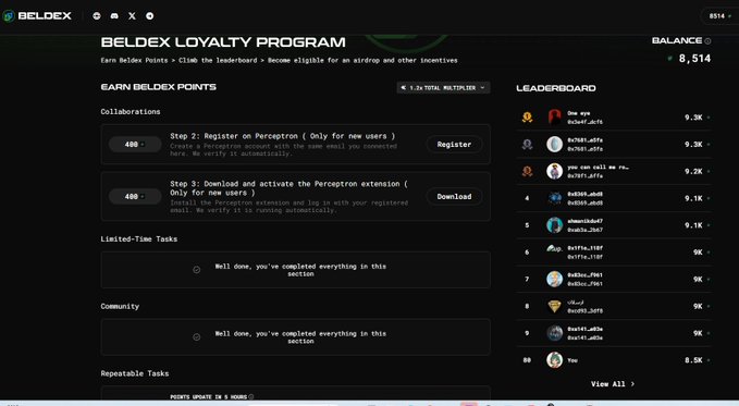 A screenshot of the Beldex Loyalty Program dashboard showing earning methods, a balance of 8,514 points, and a leaderboard ranking top participants.