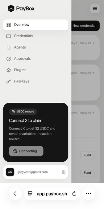 A mobile screenshot of the PayBox app at app.paybox.sh showing a "USDC reward" prompt to "Connect X to claim" $2 USDC with the status "Connecting..." while the user attempts to follow a "chat moonpay claim" promotion. The "Connecting..." state reflects the poster's note that they couldn't successfully connect.