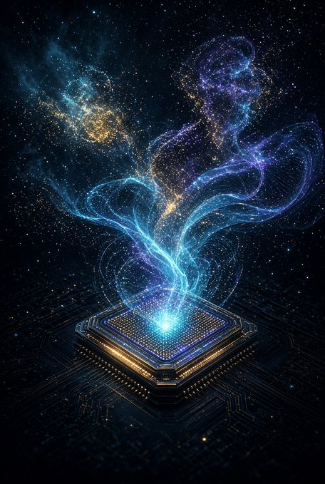 A digital artwork depicting glowing blue and purple energy tendrils rising from a computer chip against a starry cosmic background.