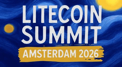 The image features a blue banner with white text that reads "Litecoin Summit Amsterdam 2026". The text is written in a cursive font style, giving the impression of a handwritten or artistic design. The background of the image depicts a night sky filled with stars and clouds, creating an atmosphere reminiscent of a starry night.
