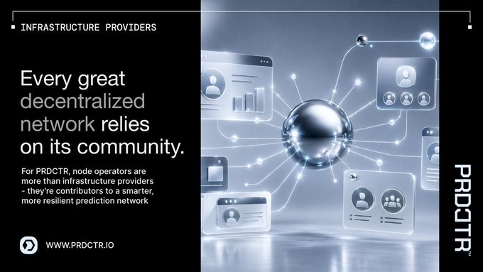A promotional graphic titled 'INFRASTRUCTURE PROVIDERS' stating 'Every great decentralized network relies on its community' for PRDCTR at WWW.PRDCTR.IO, alongside a metallic globe illustration surrounded by digital profile and chart icons.