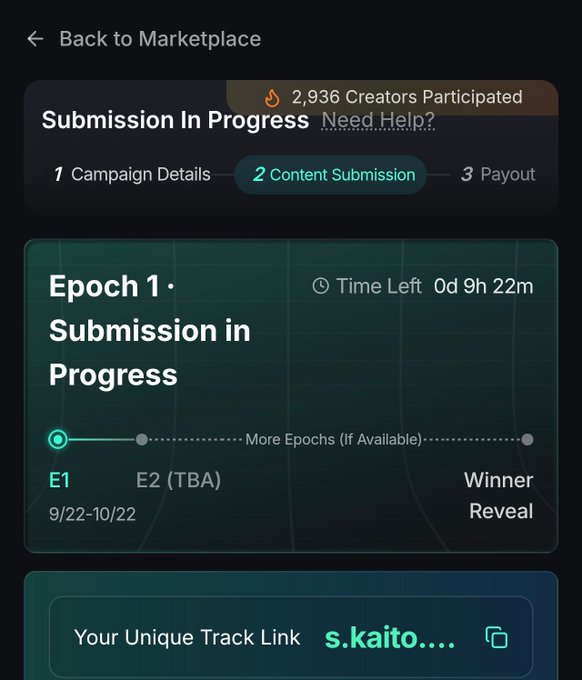 A mobile marketplace screen for “Kaito” shows “Submission In Progress,” with 2,936 creators participating and Epoch 1 marked for 9/22–10/22.