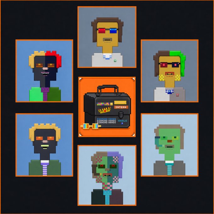 Six pixel-art NFT avatars arranged in a grid around a central briefcase labeled "INTERN," each depicted with unique stylized features like 3D glasses, colored hair, and a keychain reading "DIAMOND HANDS." The image illustrates the user's claim of securing 6 interns from their ClutchMarkets/OxSimpleFarmer minting experience.