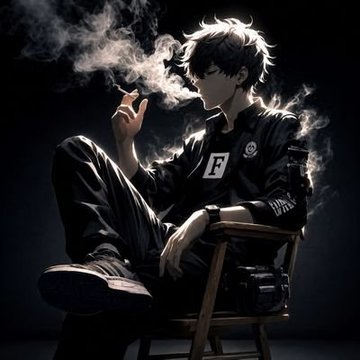 An anime-style illustration of a young man in dark clothing sitting on a chair and smoking, with smoke swirling around him in a moody, dark setting.
