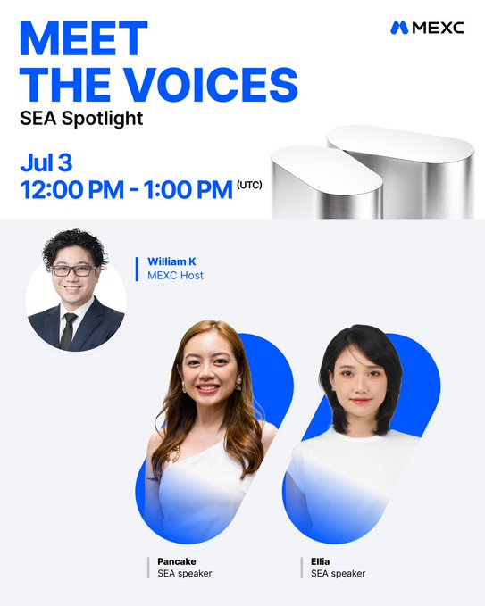 A MEXC event announcement 'MEET THE VOICES SEA Spotlight' on Jul 3, 12:00 PM - 1:00 PM (UTC), featuring host William K and SEA speakers Pancake and Ellia.