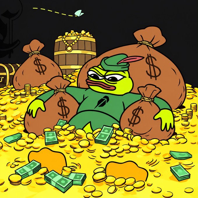 A cartoon illustration shows a Pepe the Frog character dressed as Robin Hood, sitting in a massive pile of gold coins surrounded by money bags marked with dollar signs, with a treasure chest of gold and jewels in the background.