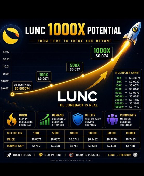 A promotional graphic titled "LUNC 1000X Potential" featuring a rocket trajectory chart that maps Terra Luna Classic price projections, showing a current price of $0.000074 scaling to $0.0074 at 1000X ($4.78B market cap), alongside bull and bear case scenarios with factors like supply burn, ecosystem demand, utility, and community growth. The chart visually reinforces the post's message about LUNC's long-term compounding potential through consistent fundamentals rather than overnight gains.