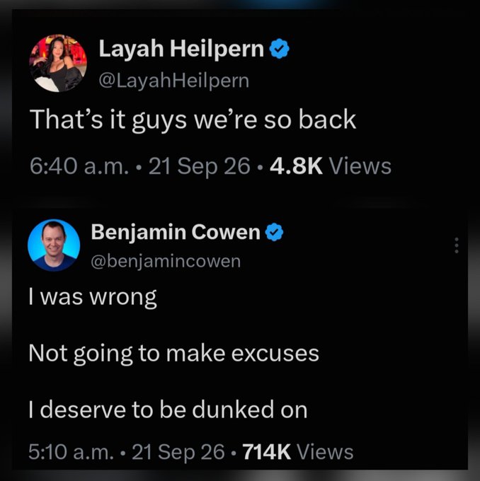 Two tweets are displayed: Layah Heilpern posts "That's it guys we're so back" at 6:40 a.m. on 21 Sep 26 with 4.8K views, and Benjamin Cowen follows up with "I was wrong / Not going to make excuses / I deserve to be dunked on" at 5:10 a.m. on 21 Sep 26 with 714K views.

The image pairs perfectly with the "$BTC" sentiment—Cowen, a well-known Bitcoin skeptic publicly admitting he was wrong signals a major bullish reversal, while Heilpern's "we're so back" celebration captures the euphoric mood driving the BTC pump.