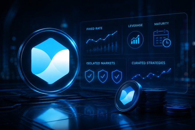 The image displays a futuristic blue-toned dashboard for **TermMaxFi**, featuring a glowing 3D logo on the left and a holographic interface highlighting key features: **"Fixed Rate"** (with a rising chart), **"Leverage"** (with a growth icon), **"Maturity"** (with a calendar/clock), **"Isolated Markets"** (with three shield icons), and **"Curated Strategies"** (with a trend line), accompanied by stacked TermMaxFi coins. The visual reinforces the post's message by showcasing the platform's core benefits—predictable borrowing costs, customizable leverage, and set maturities—visually mirroring the "clean, one-click leverage" experience the author describes.