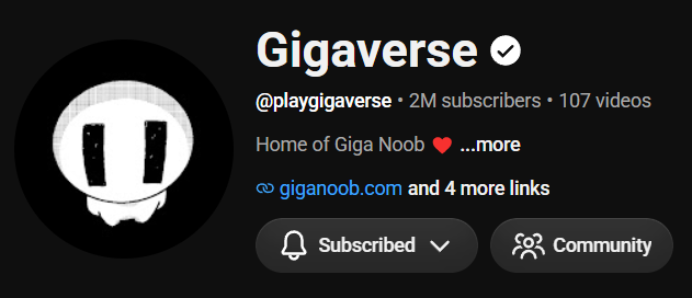 A YouTube channel header for 'Gigaverse' (@playgigaverse) showing 2M subscribers, 107 videos, and the tagline 'Home of Giga Noob' with a cartoon skull logo.