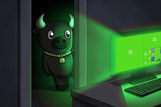 An animated illustration depicts a black bull peeking around a corner illuminated by green light from a computer monitor displaying BTC and ETH price charts.