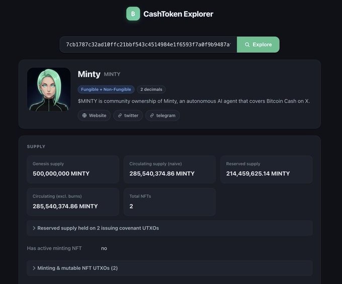 A screenshot of 'CashToken Explorer' showing details for 'Minty' ($MINTY), a fungible + non-fungible token with a green-haired anime avatar, displaying supply information including 500,000,000 MINTY genesis supply.