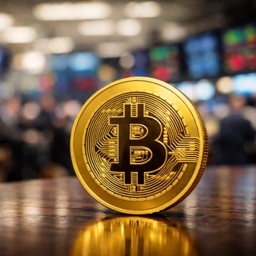 A gleaming gold Bitcoin commemorative coin rests on a polished wooden surface, set against the blurred backdrop of a bustling trading floor with electronic displays. The image visually reinforces the post about the significant $450M outflow from US spot Bitcoin ETFs and the legislative setback for the CLARITY Act, symbolizing the cryptocurrency's struggle amid waning institutional confidence and regulatory uncertainty.