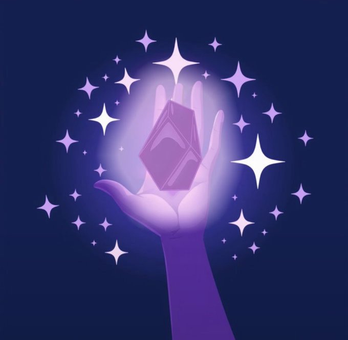 A digital illustration of a purple hand holding a glowing pink/purple crystal or gem, surrounded by sparkles and stars against a dark blue background.